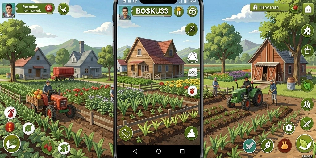 Tampilan gameplay menarik game Farming BOSKU33 dengan ladang subur.
