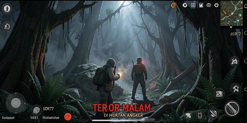 Screenshot menampilkan gameplay menegangkan dengan suasana hutan yang gelap.