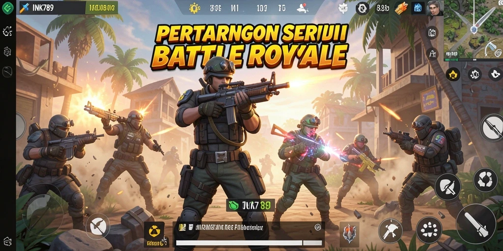 Screenshot utama INK789 menunjukkan aksi pertarungan epik di Battle Royale.