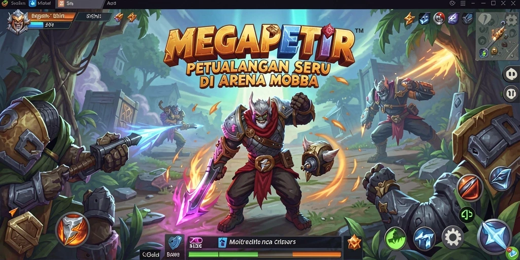 Screenshot utama MEGAPETIR menunjukkan aksi pertempuran di arena dengan grafis memukau.