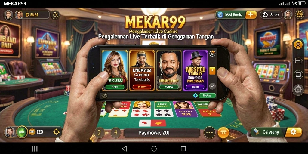 Screenshot MEKAR99 menampilkan dealer yang ramah dan permainan Live Casino yang seru.