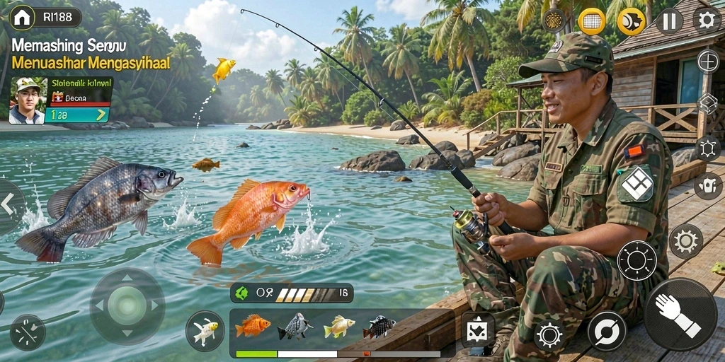 Tampilan gameplay RI188 dengan berbagai jenis ikan yang menunggu untuk ditangkap.