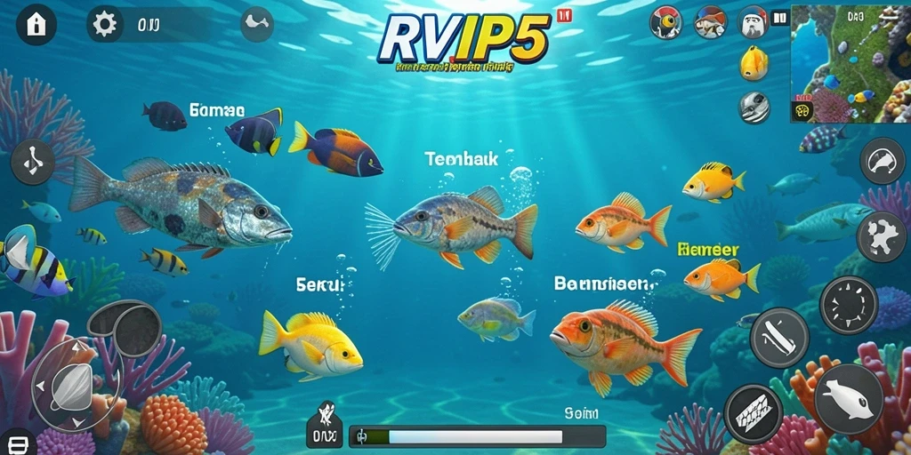 Tangkapan layar utama gameplay RVIP5 menampilkan aksi seru dalam berburu ikan.