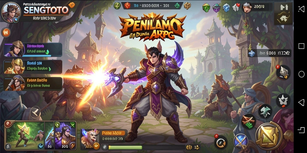 Screenshot gameplay SENGTOTO dengan pertarungan epik di dunia fantasy.